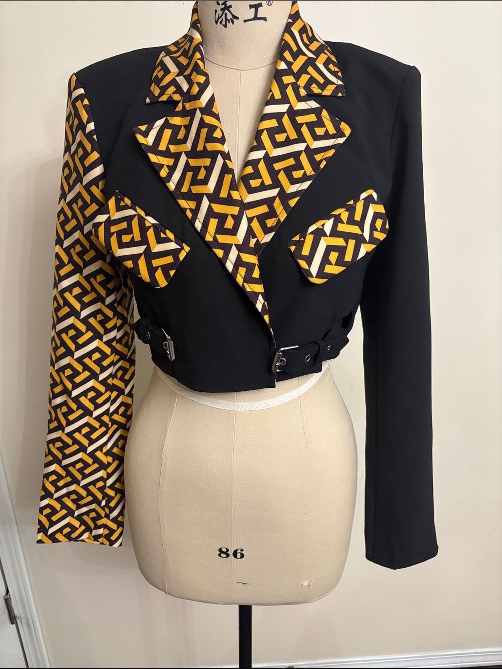 Cropped Black & Yellow Geometric Blazer Jacket